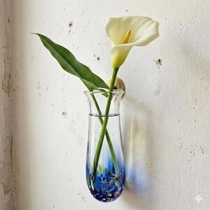 Artist Signed Blue Glass Wall Pocket Vase - Studio Hand Blown Art Glass 9"